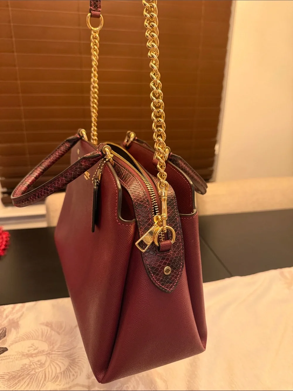 Coach Burgundy Leather Satchel with Gold Chain Strap